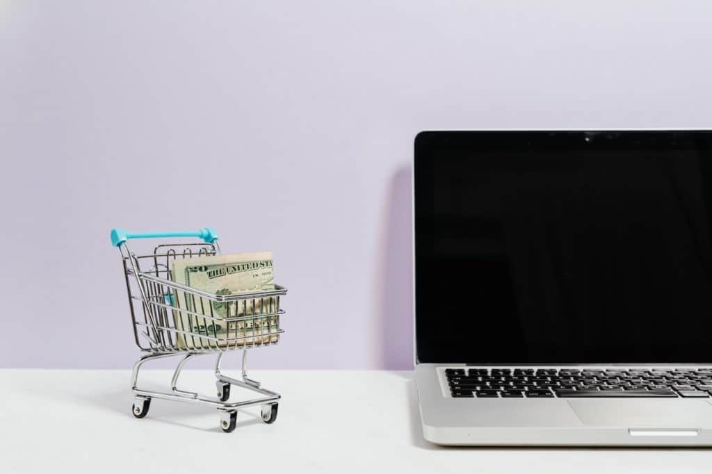 A shopping cart with money representing expenses for an eCommerce business