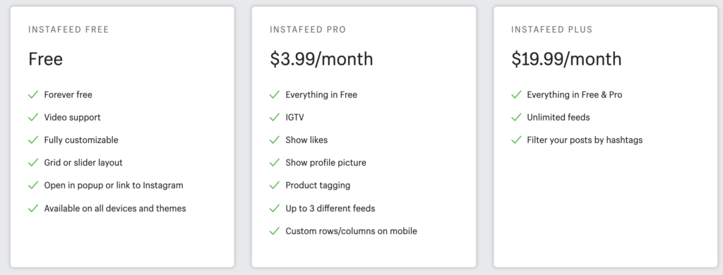 Display of Instafeed pricing options