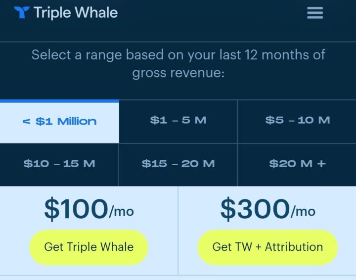 Triple Whale pricing table