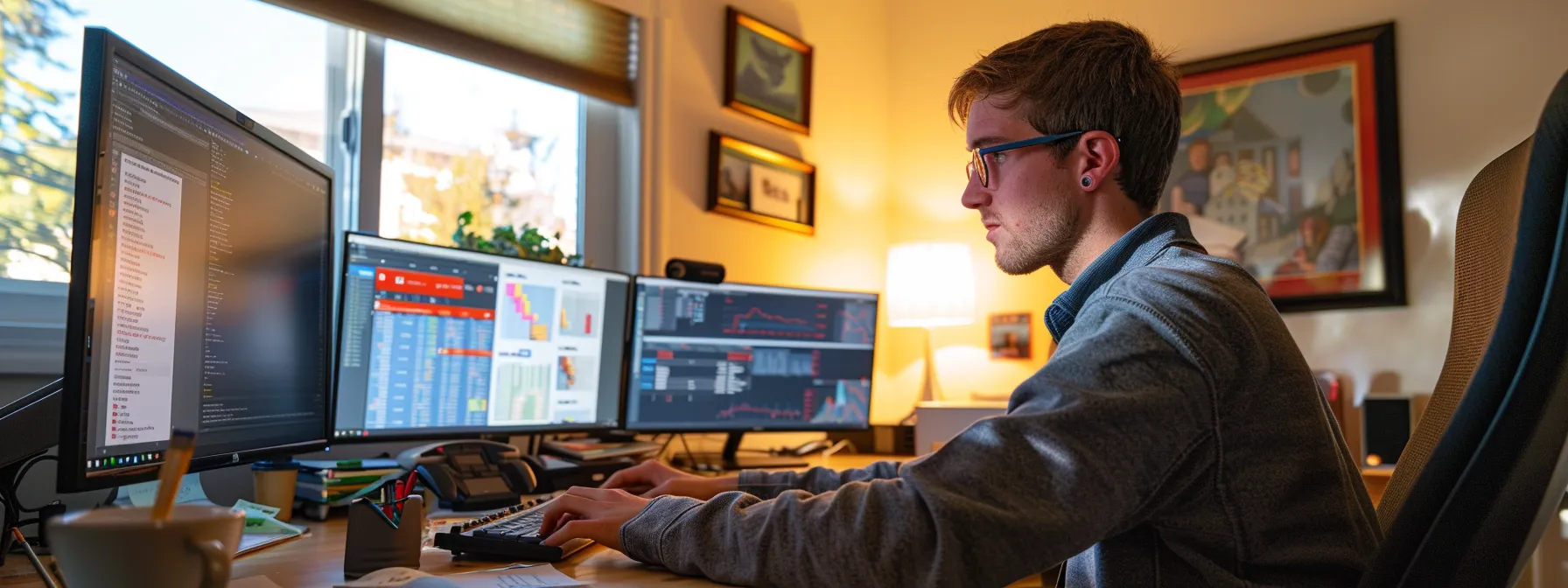 a focused young entrepreneur, justin woll, intensely studying data on multiple computer screens in a modern, sleek home office.