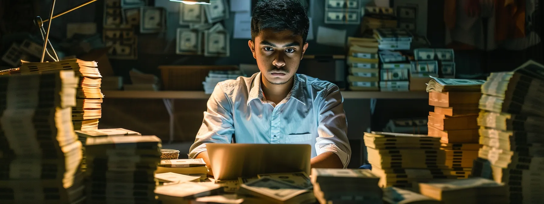 a young entrepreneur surrounded by stacks of cash and a laptop, looking determined and focused on reaching his financial goals.