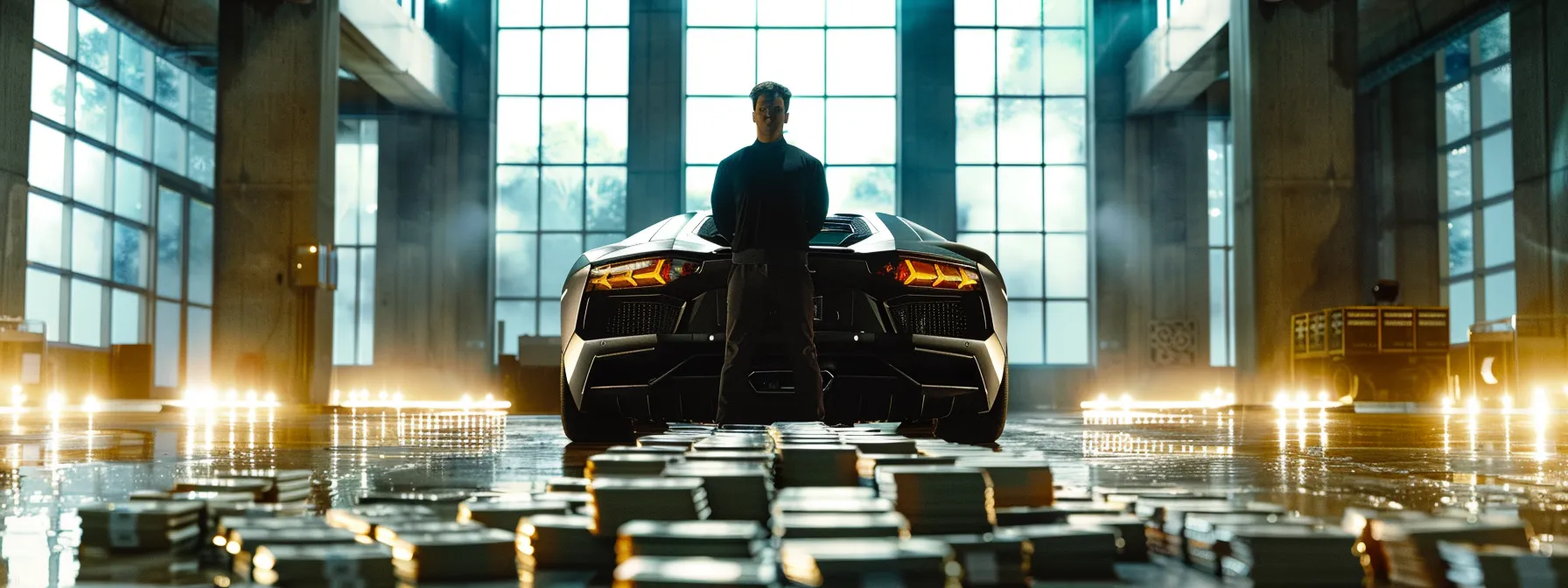 a confident justin woll standing in front of a sleek sports car, surrounded by stacks of cash.