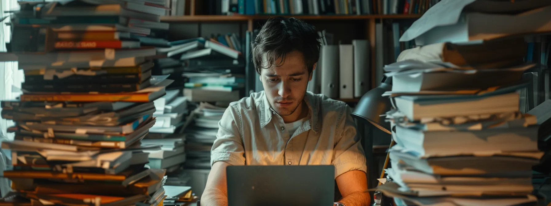 a young man intensely typing on his laptop surrounded by stacks of books and papers, deep in thought.