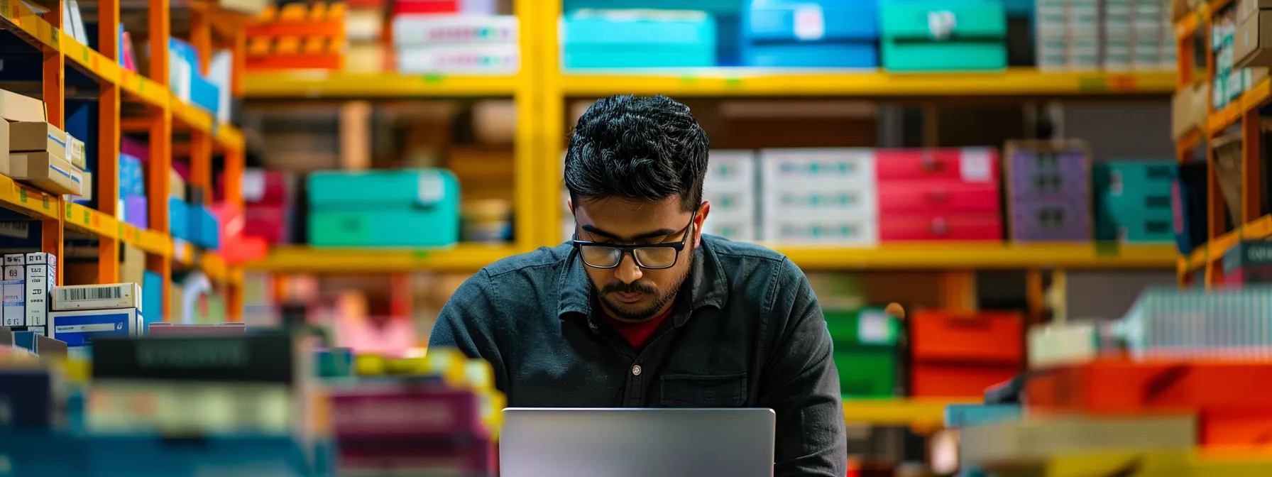 a young entrepreneur intensely focused on his laptop screen, surrounded by shelves of colorful product boxes at the bsf e-commerce university.