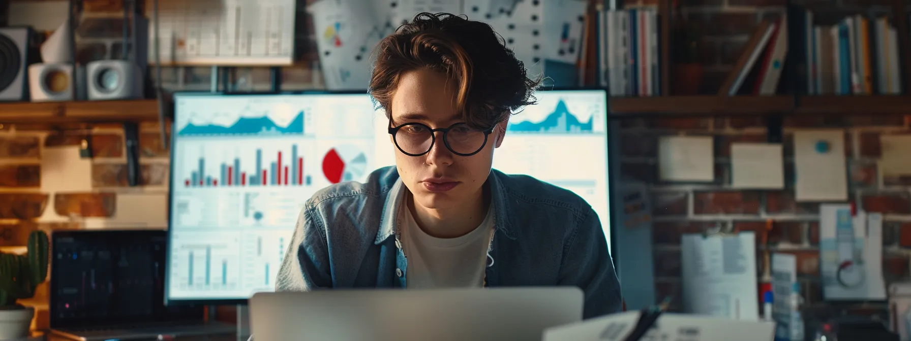 a young entrepreneur intensely focused on his laptop, surrounded by screens displaying shopify analytics and graphs.