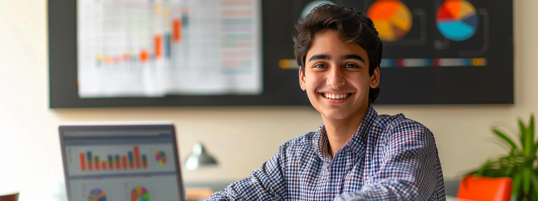 a young entrepreneur smiling confidently while sitting in front of a laptop with graphs and charts displaying impressive financial growth.