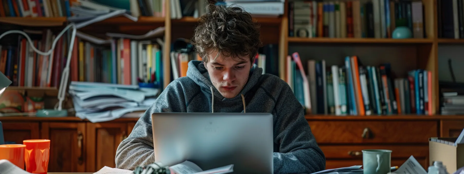 a young man with a serious expression browsing through reddit on his laptop, surrounded by a cluttered desk stacked with papers and coffee mugs.