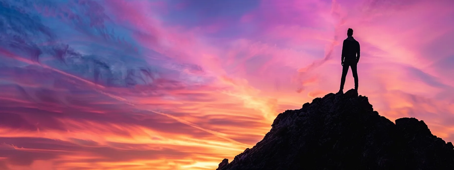 an entrepreneurial silhouette standing on a mountain peak under a colorful sunset sky, representing justin woll's journey beyond six figures.