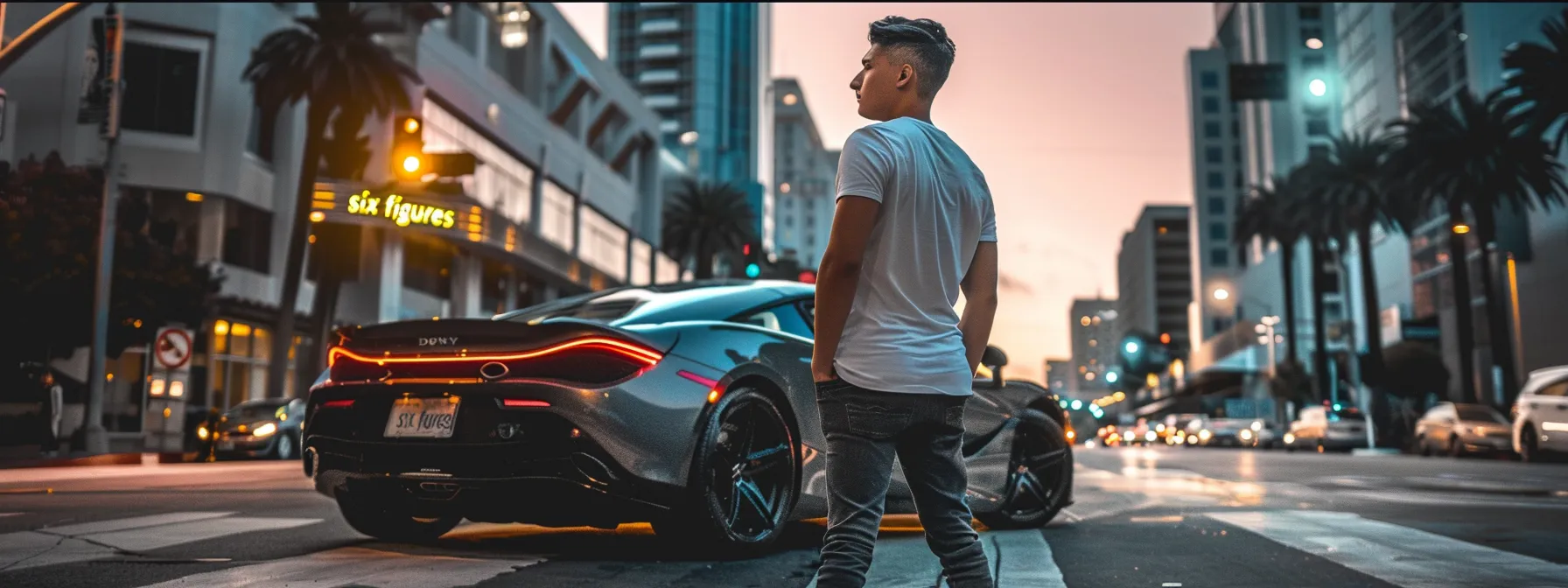 a young entrepreneur confidently standing in front of a luxurious sports car, showcasing success from justin woll's "beyond six figures" download.