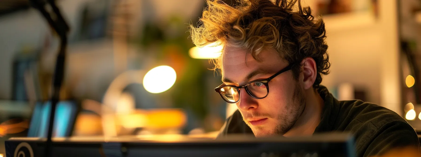 a young entrepreneur, justin woll, intensely focused on his computer screen while creating his shopify online store.