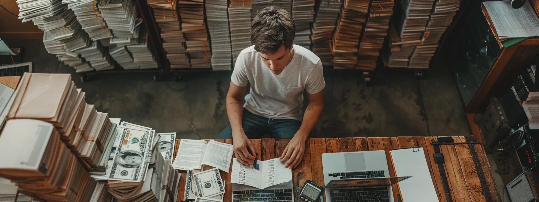 an entrepreneur surrounded by stacks of money, laptops, and notebooks, fully immersed in justin woll's course on business success.