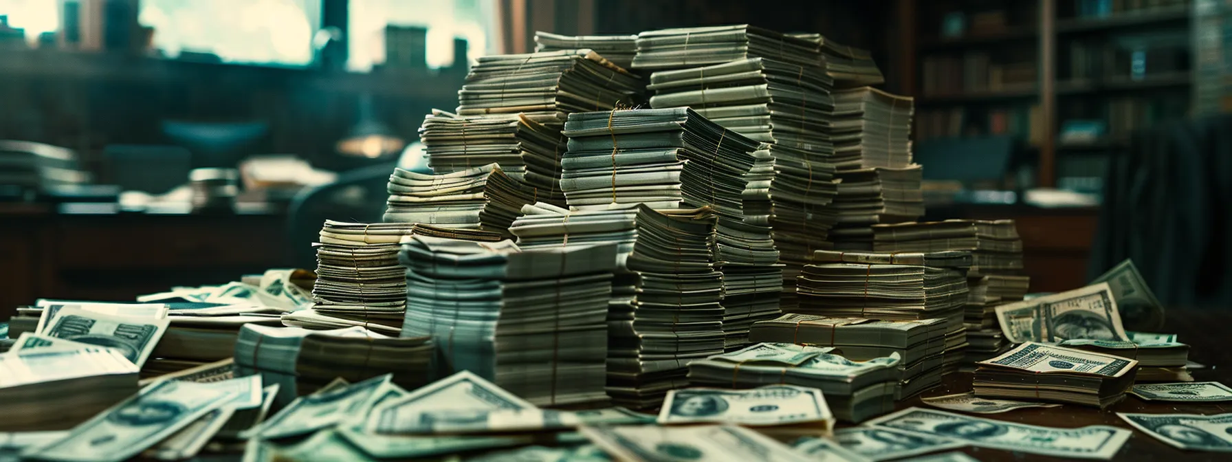 a modern, sleek office desk cluttered with stacks of cash, symbolizing financial success like in justin woll's "beyond six figures."