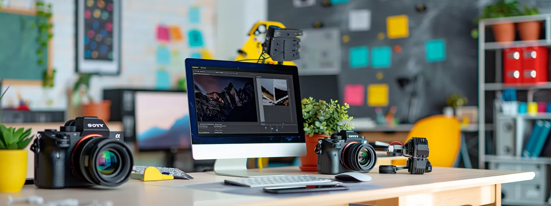 vibrant online course setup with sleek technology and modern tools on a clean desk.