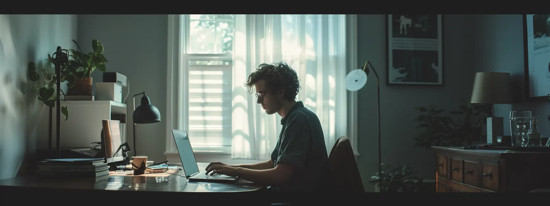 a young entrepreneur, justin woll, confidently studies his laptop screen in a modern, minimalist home office.