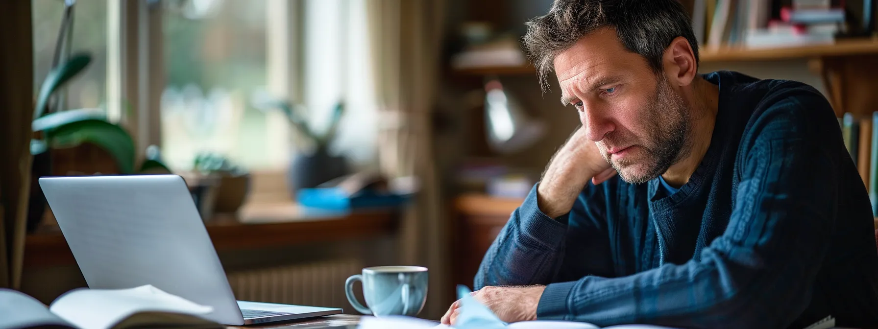 a focused entrepreneur studying a laptop screen with a look of determination, surrounded by notes and a cup of coffee.