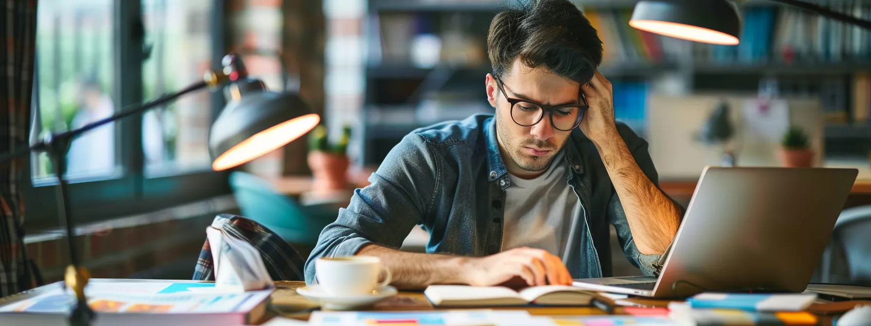 a young entrepreneur intensely studying a laptop screen, surrounded by notes, charts, and a cup of coffee.