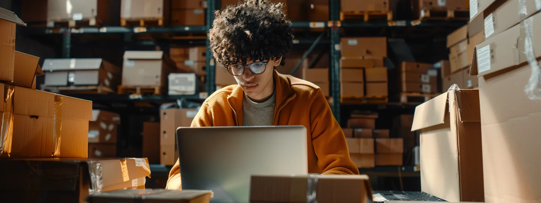 a young entrepreneur intensely focused on his laptop screen surrounded by stacks of shipping boxes in a modern office.