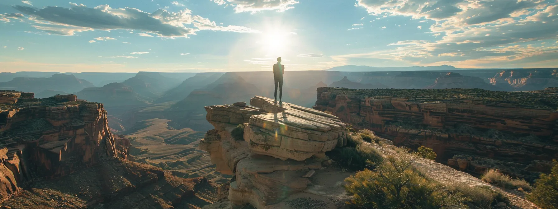 a confident entrepreneur standing atop a mountain, overlooking a vast landscape, symbolizing justin woll's success beyond six figures.