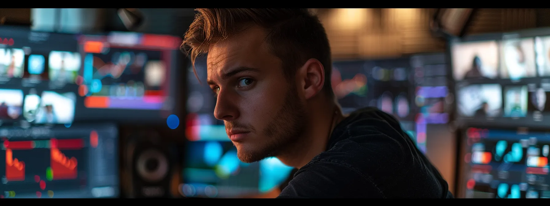 a young entrepreneur passionately building his online empire, surrounded by computer screens displaying his shopify store.