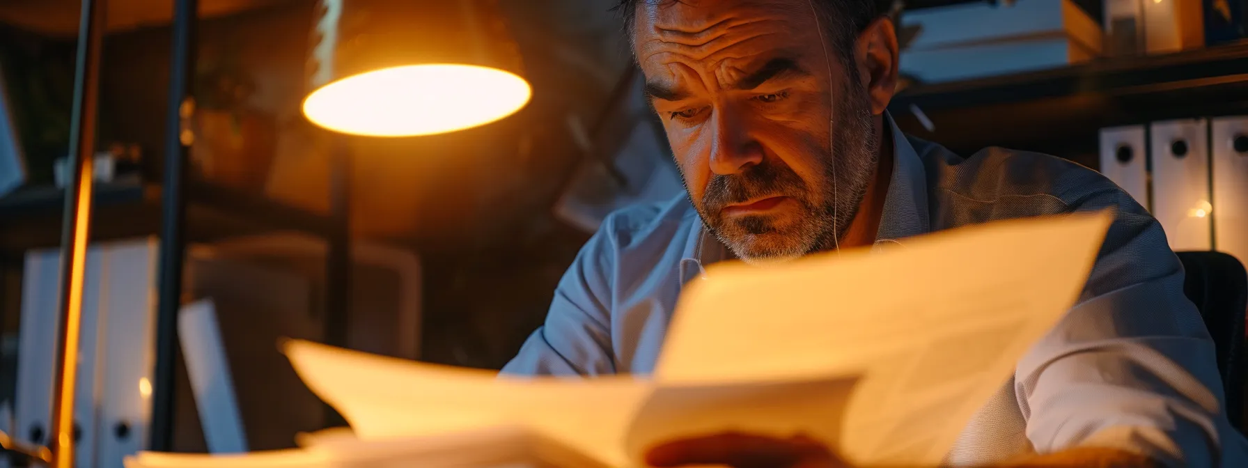 a man with a determined expression reviews a stack of financial documents under a bright desk lamp.