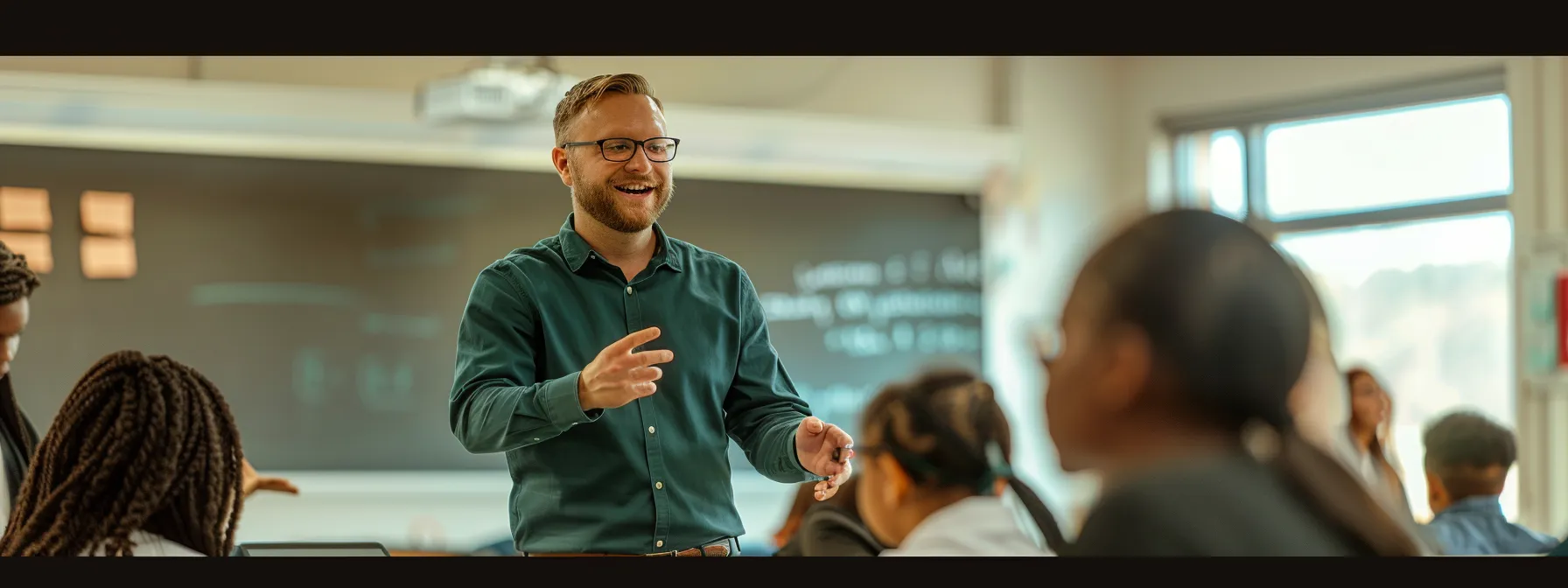 justin woll passionately teaching a group of students in a brightly lit classroom at bsf e-commerce university.