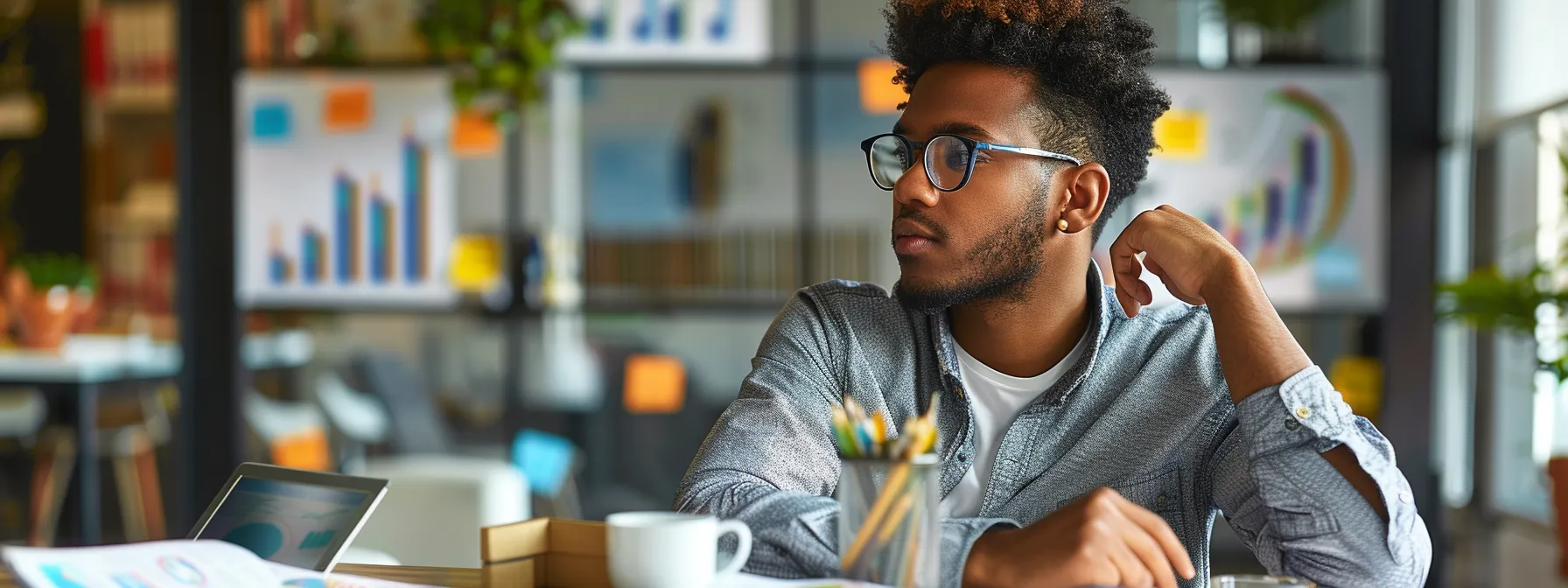 a young entrepreneur deeply focused, surrounded by charts and graphs, strategizing for success.