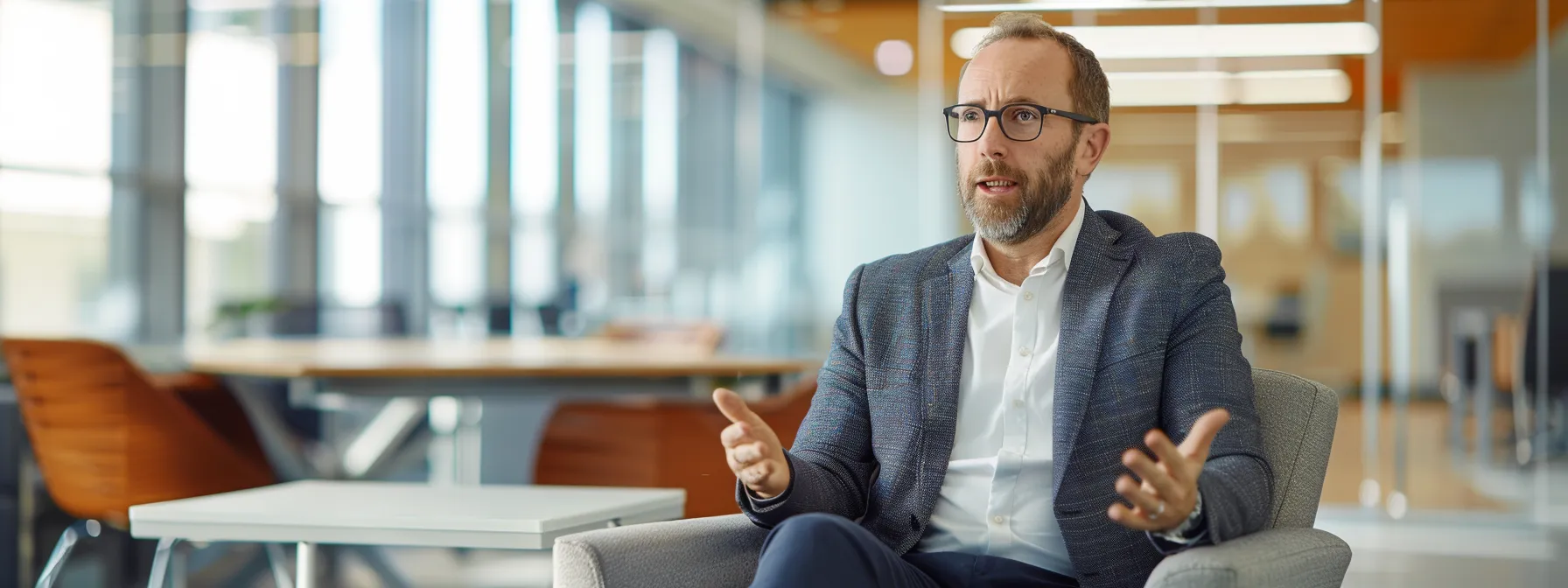 a determined justin woll passionately discusses business strategies in a sleek, modern office setting.