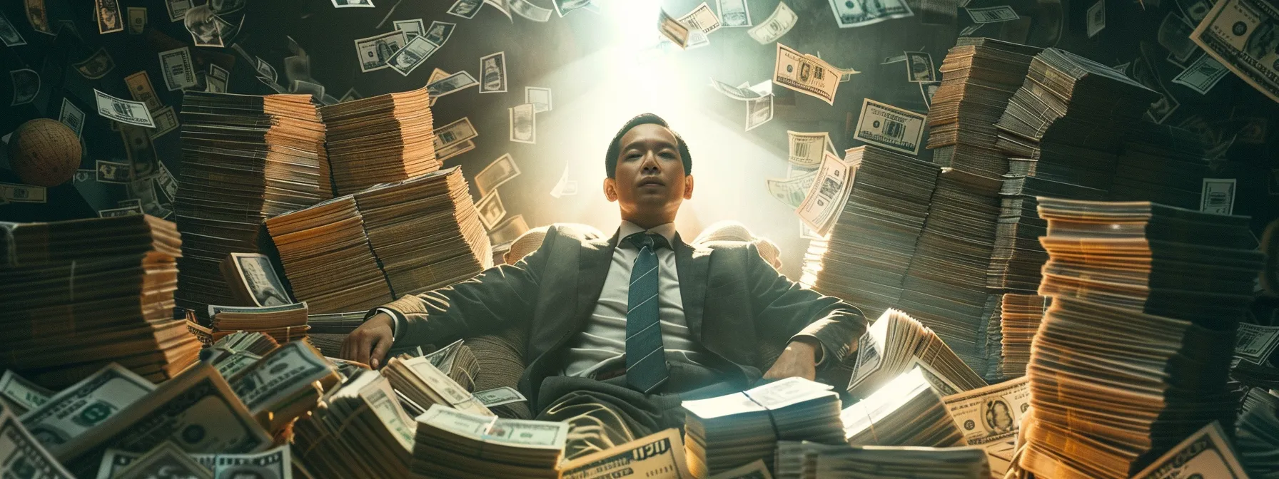 an ambitious entrepreneur surrounded by stacks of cash, symbolizing success and wealth.