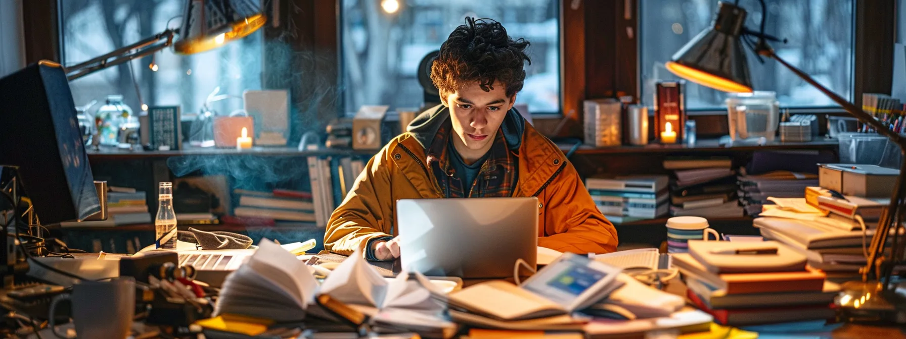 a young entrepreneur immersed in deep focus, surrounded by a cluttered desk covered in laptop, notebooks, and coffee cups.