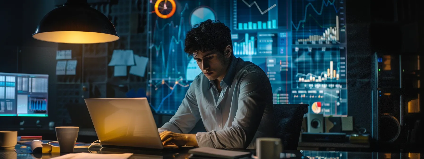 a young entrepreneur deeply focused on his laptop, surrounded by charts and graphs, in a modern office space.