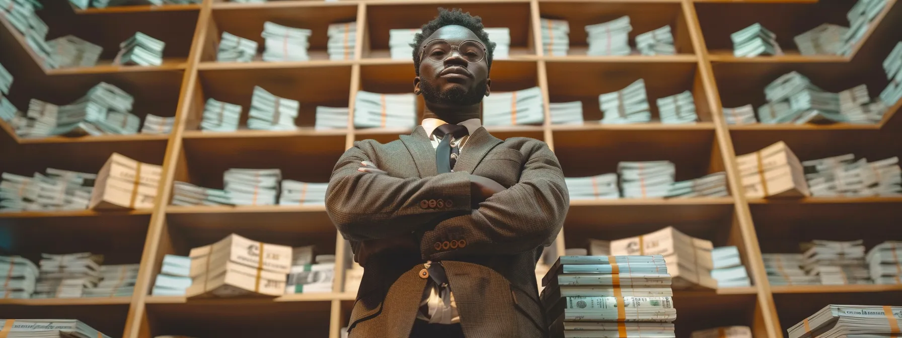 a confident young entrepreneur standing tall in front of a stack of cash, celebrating his success in reaching beyond six figures.