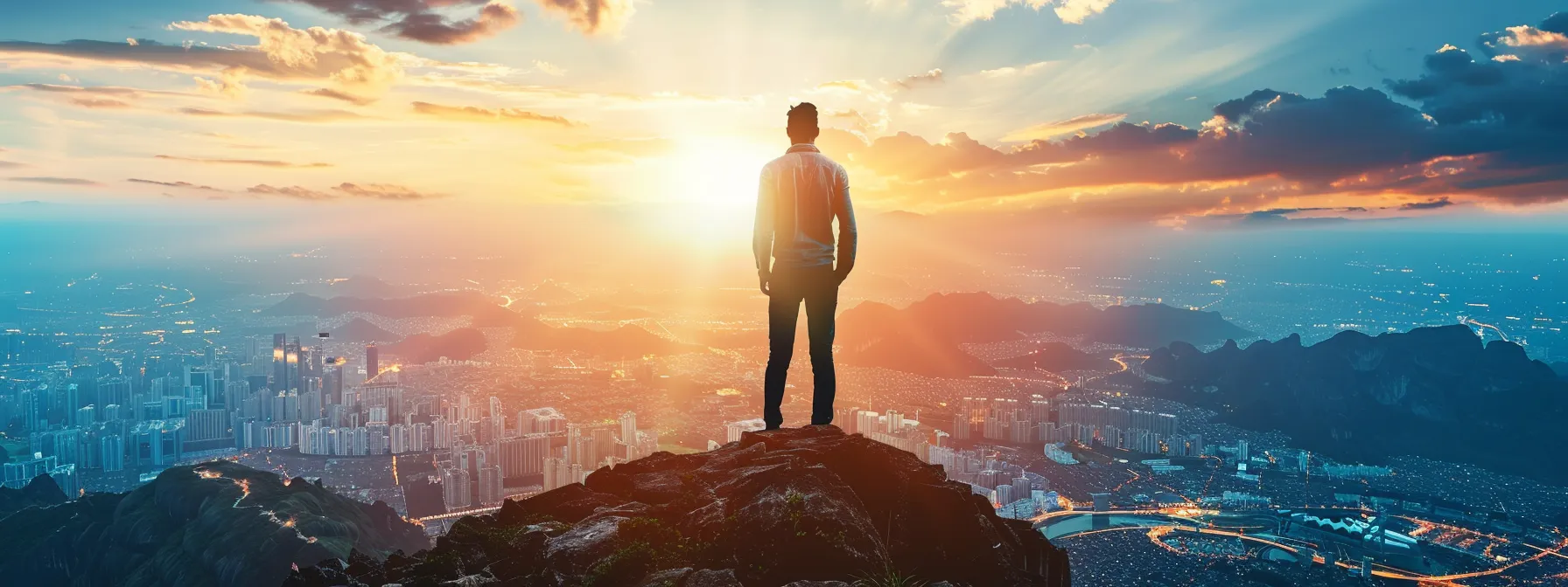 a confident young entrepreneur standing triumphantly at the peak of a mountain, overlooking a vast landscape of success and opportunity.