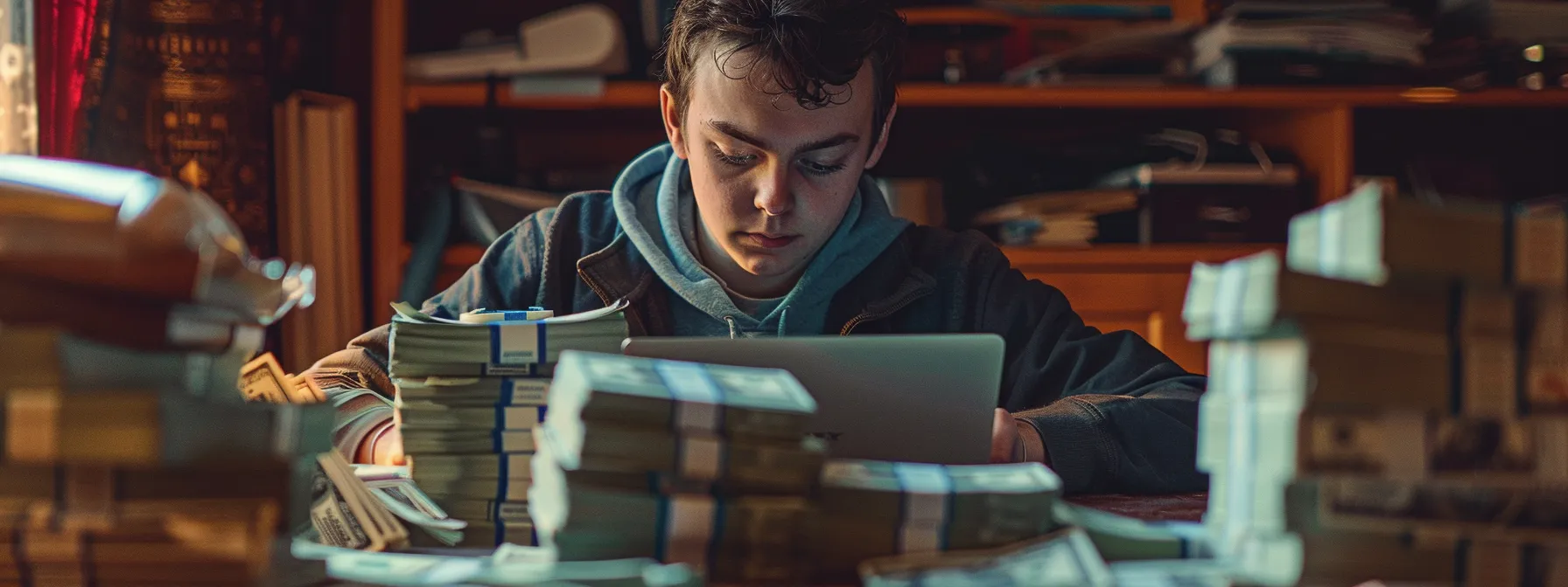 a young entrepreneur surrounded by stacks of cash and a laptop, looking focused and determined while taking justin woll's course.