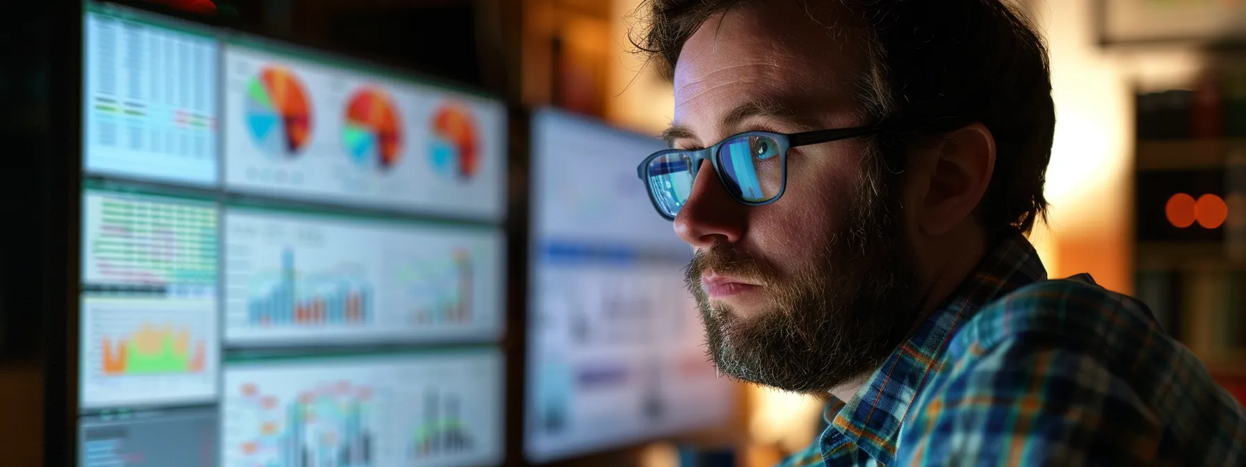 a thoughtful justin woll scrutinizes marketing analytics on a large computer screen in a dimly lit room.