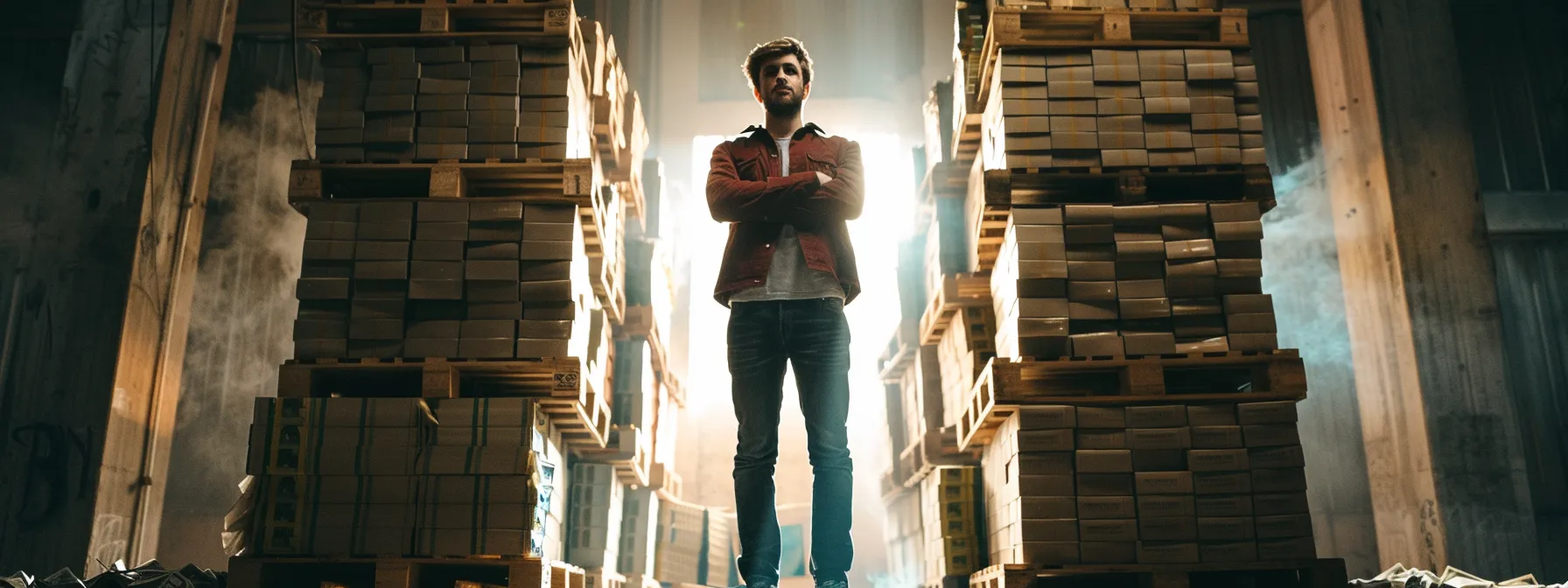 a confident justin woll standing tall in front of a towering stack of dollar bills.