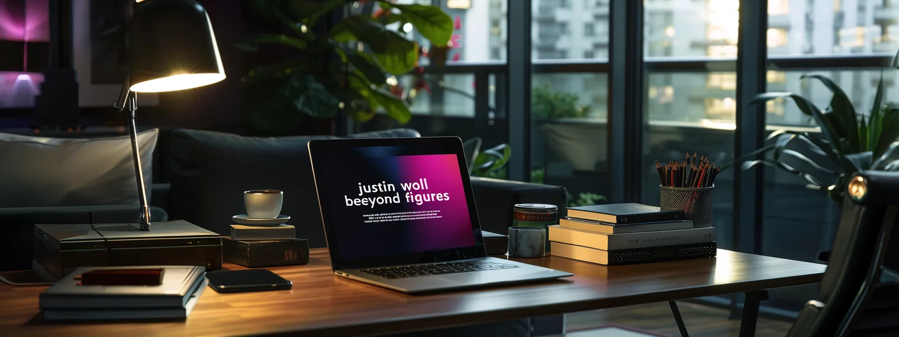 a sleek, modern office desk with a laptop displaying "justin woll beyond six figures" on the screen, surrounded by motivational books and a cup of coffee.