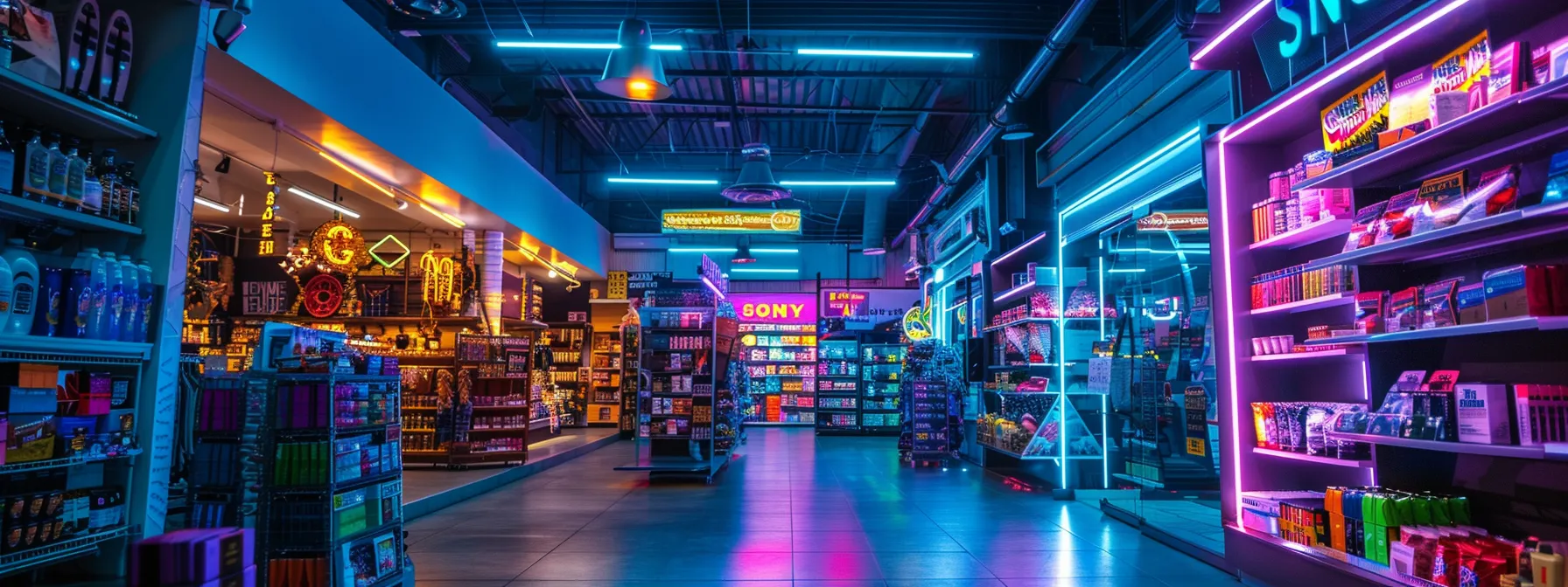 vibrant neon lights illuminate a bustling shopify store owned by entrepreneur justin woll.