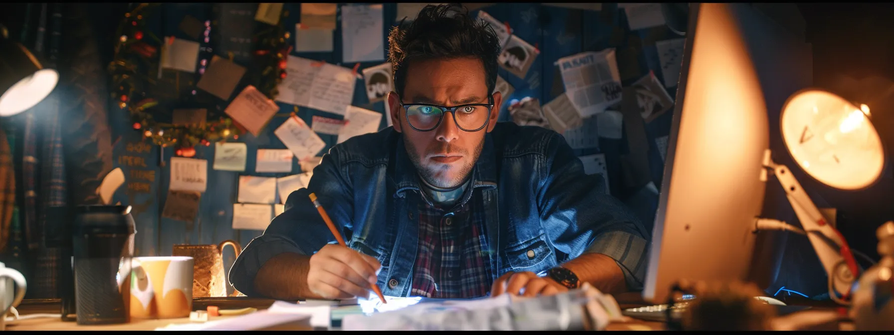 a man intensely studying his computer screen while surrounded by scattered notes and coffee cups.