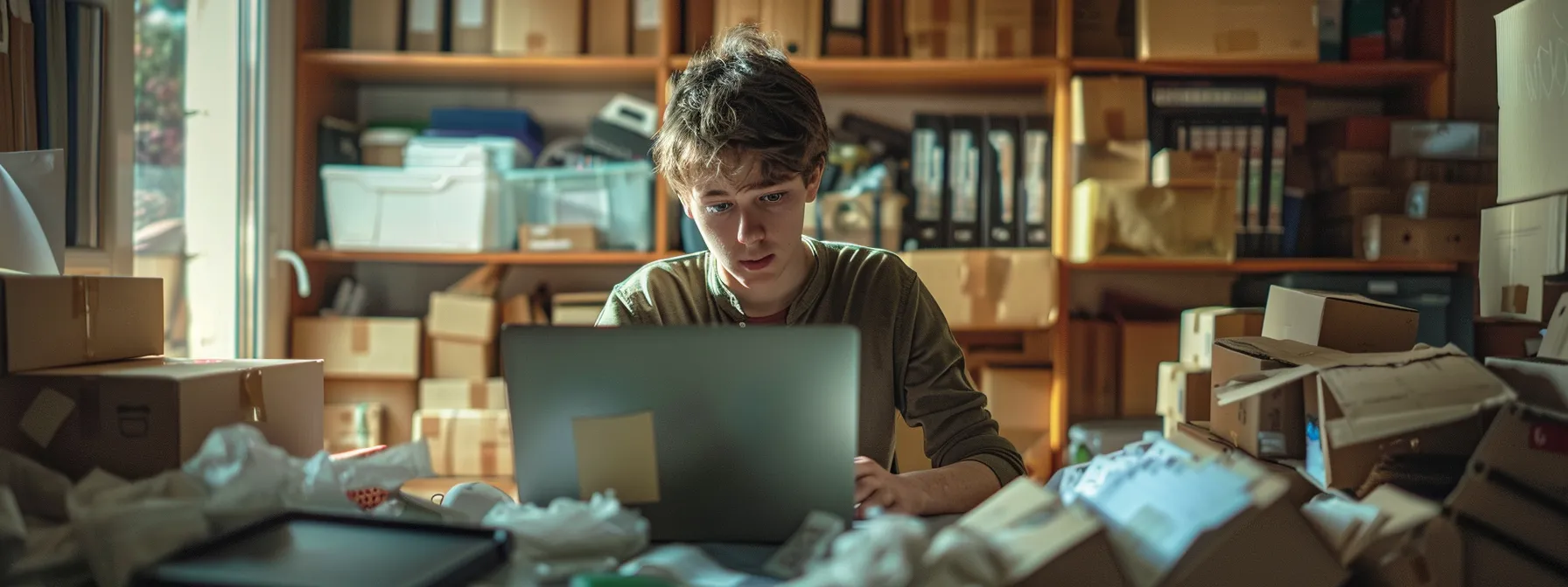 a young entrepreneur intensely focused on his laptop, surrounded by stacks of shipping boxes and product samples in a cluttered home office.