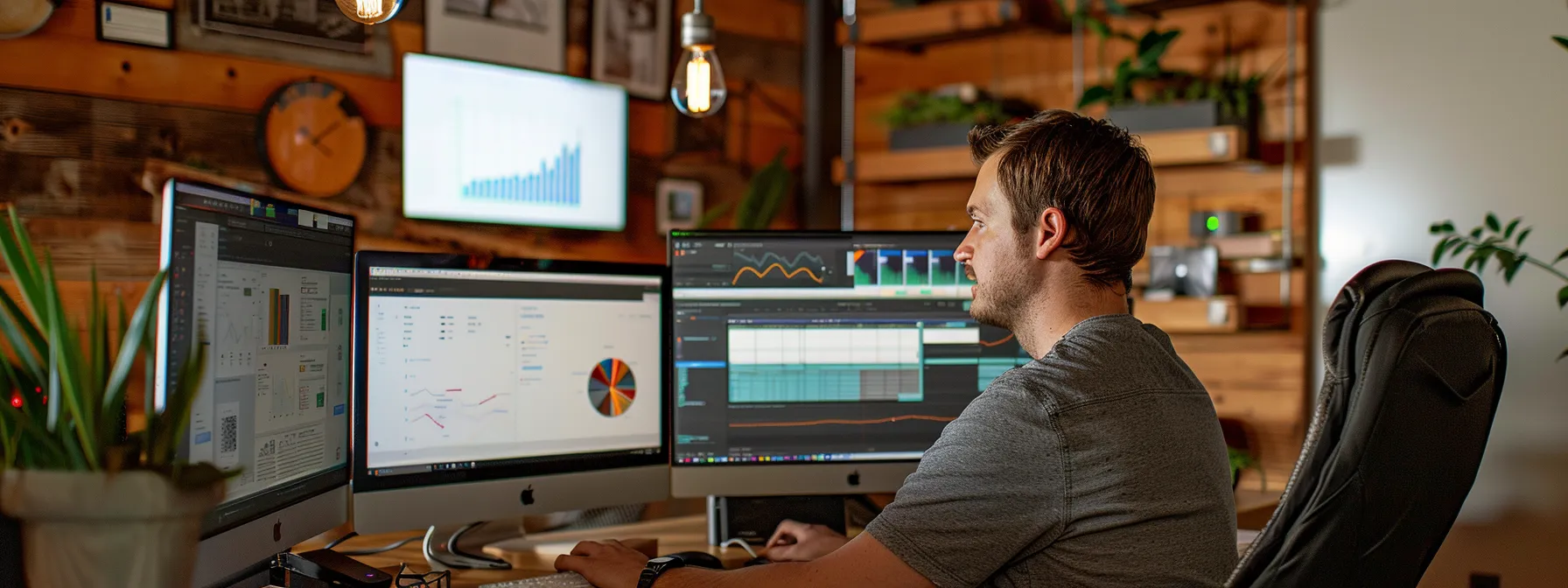 an energetic and focused justin woll working diligently at his computer surrounded by screens displaying shopify analytics and graphs.