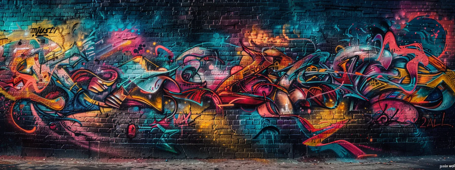 vibrant graffiti art covering a brick wall in an urban alley, with "justin woll" prominently displayed.