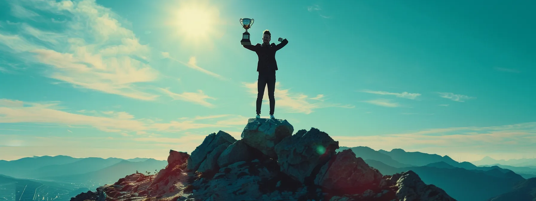 a confident entrepreneur standing on top of a mountain, holding a trophy, overlooking a vast landscape of success.