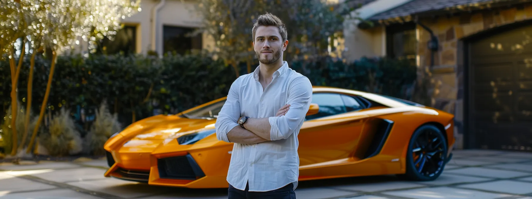 a confident justin woll standing proudly in front of a luxurious sports car, highlighting his success beyond six figures.