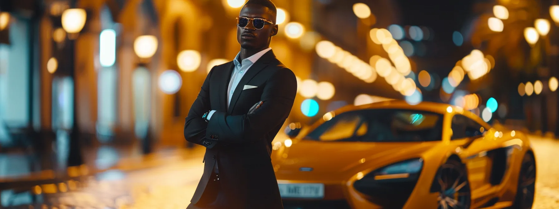 a confident, young entrepreneur standing in front of a luxurious sports car, symbolizing success and wealth.