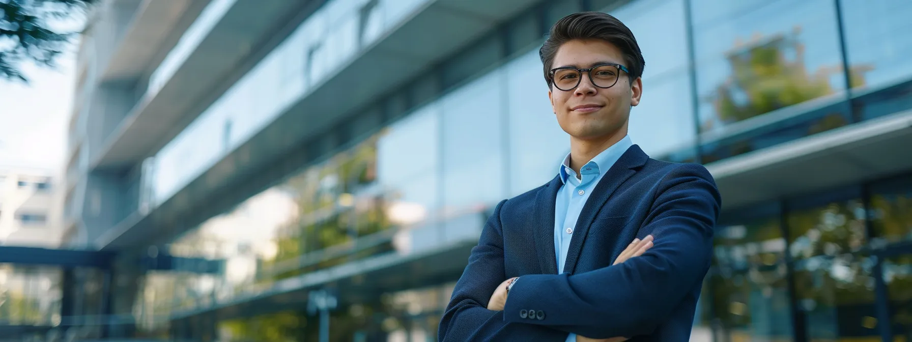 a confident young entrepreneur standing in front of a sleek, modern office building, exuding success and determination.