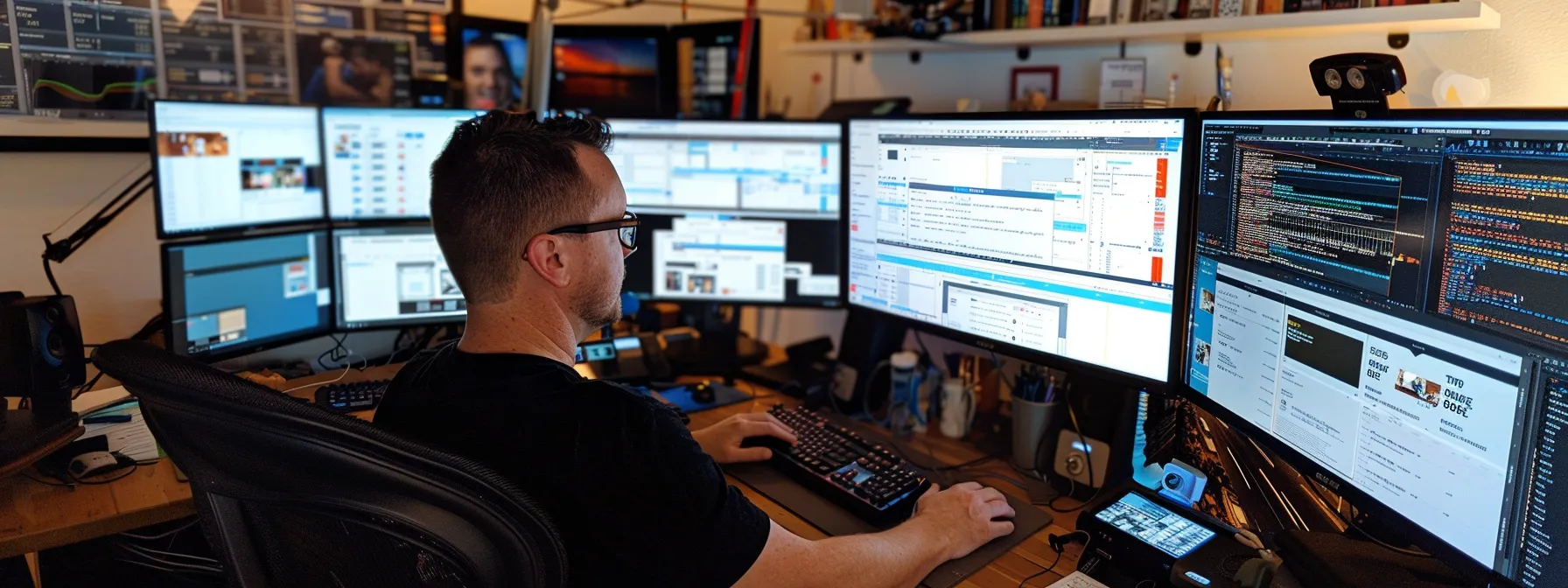 a determined justin woll intensely analyzing data on multiple computer screens in his shopify office.